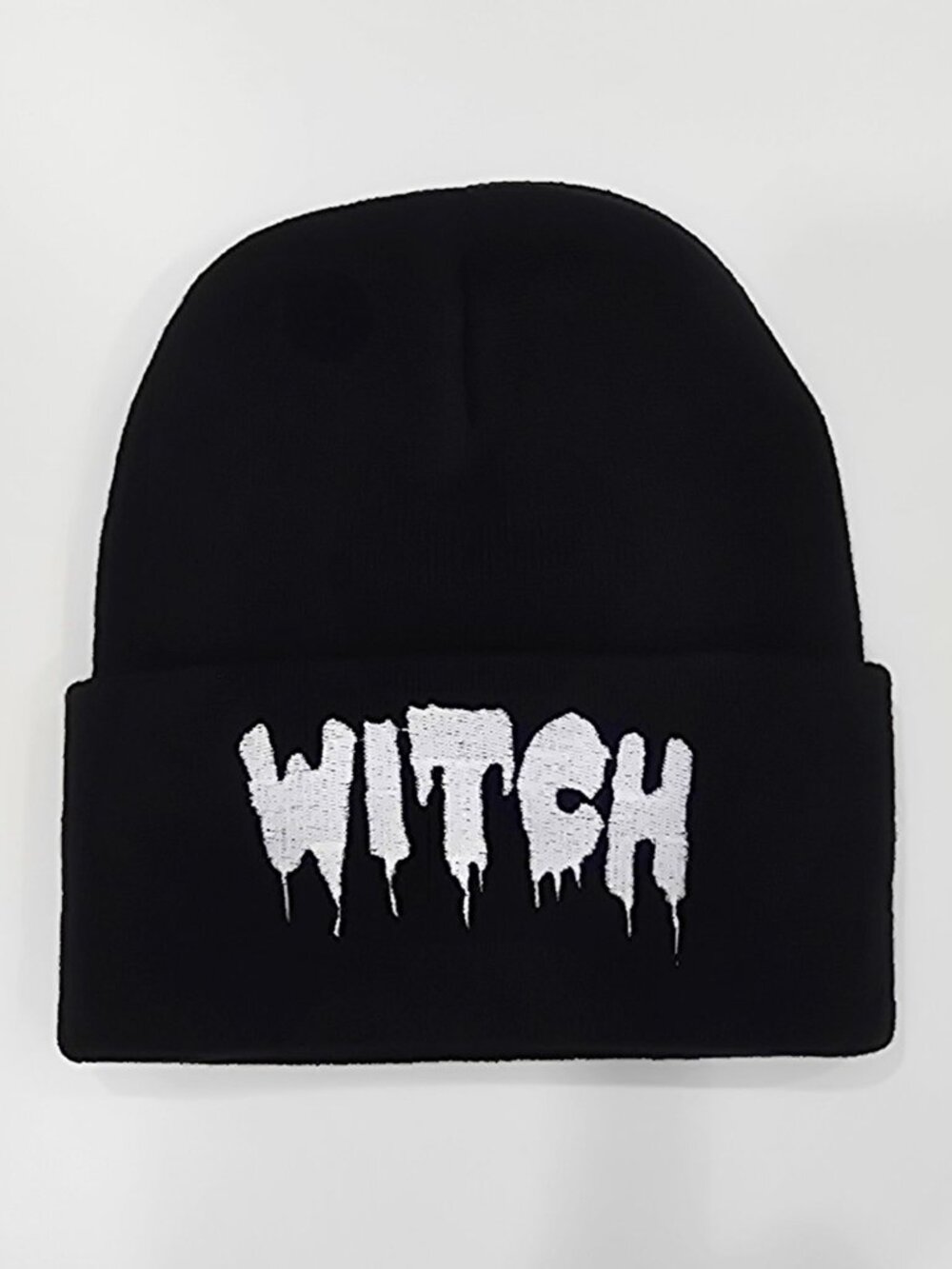 Witch ✦ Black Embroidered Beanie Hat ✦ Gothic Drip Lettering Winter Knit NWT OS - Picture 2 of 6